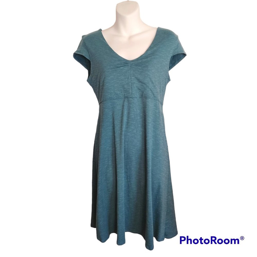 Toad & Co Size M Rosemarie Dress Teal Organic Cotton Blend Cap Sleeves Stretch